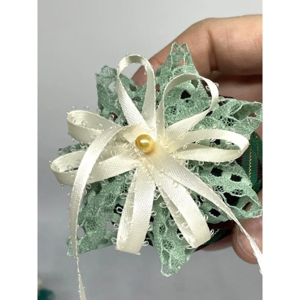 Green Plaid Ribbon and Lace‎ Pine Cone Christmas Ornaments Set of 2 Vintage